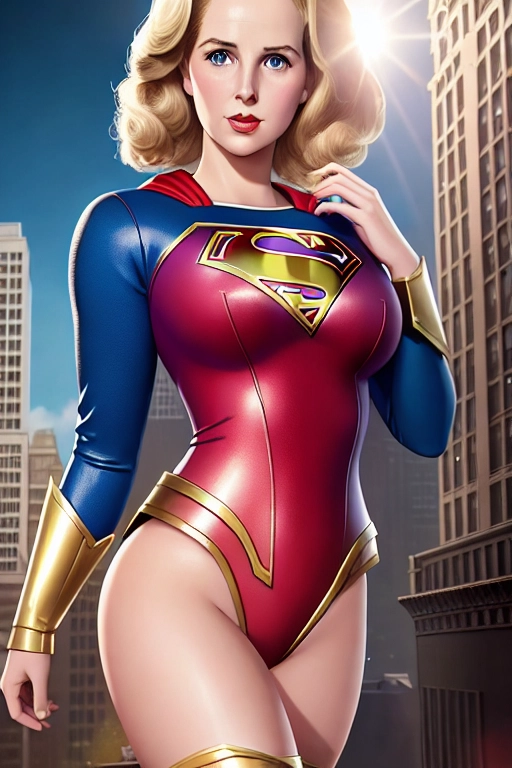 an illustration of, a young Margaret Thatcher as Supergirl, ((full body and thighs visible)), by Pixar, revealing leotard-style costume, in the city
, small breasts, five fingers per hand, charming face, beautiful lips, short blonde hair, accurate face, curved eyebrows, curved eyelid, peaceful, 8k, smooth, art station,ultra-realistic