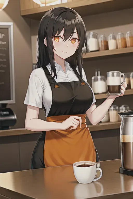 A black haired girl with orange eyes wearing nothing but a barista apron in a coffee shop