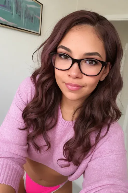 mixed girl, short light brown wavy hair, pink head band, glasses, blue eyes, full lips, full cheeks, large hip length blue sweater, freckles and moles, hand in panties, pink panties, full thighs, round butt, looking at me provocatively.