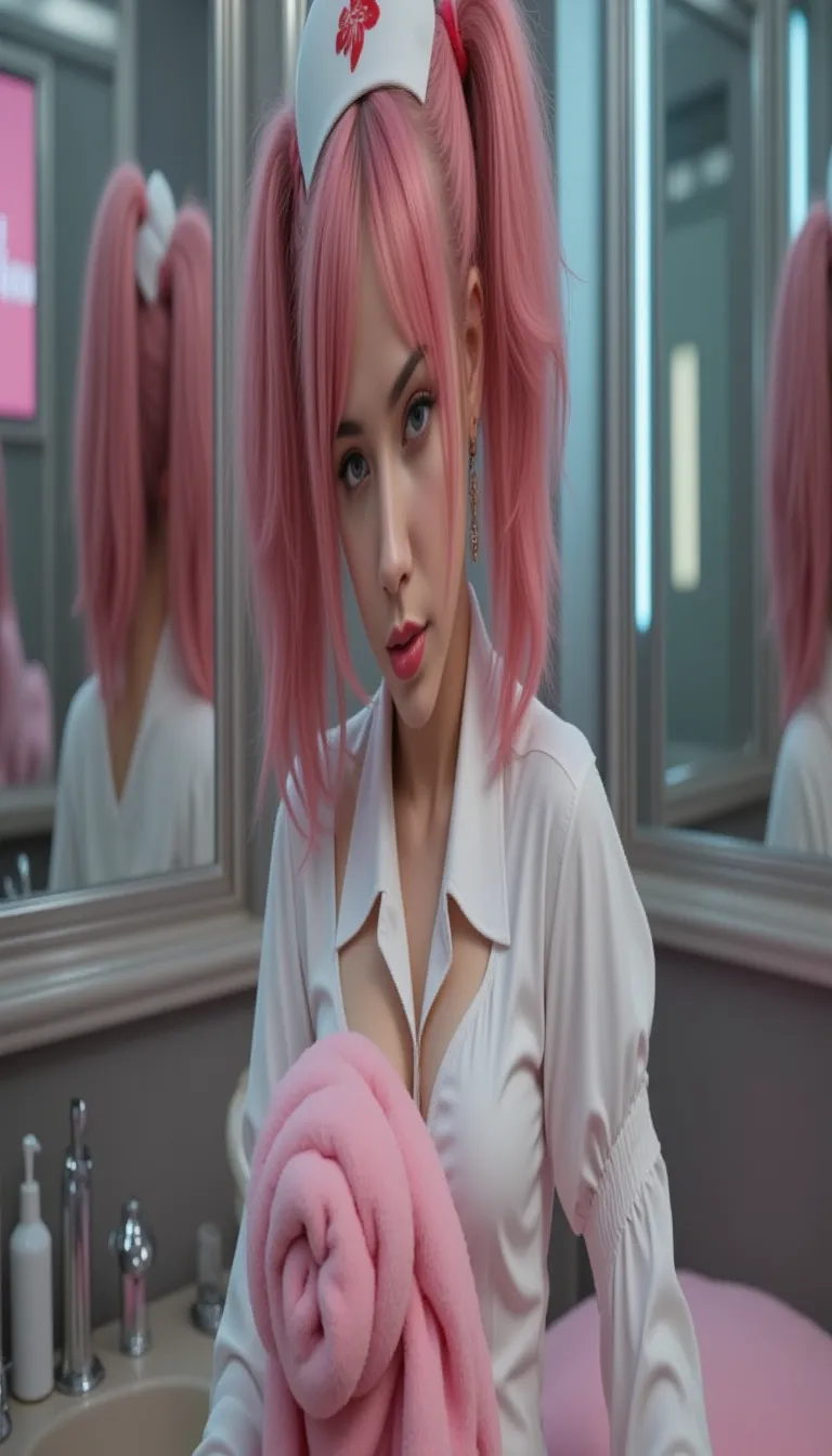 a woman with huge breasts buttocks and lips. A woman poses dramatically against a softly lit pink background, wielding a glowing red lightsaber. She wears a black, form-fitting outfit with cut-out details, accentuating her silhouette. Her hair cascades in loose waves, and she gazes over her shoulder with an expressive, intense look. The lighting enhances the mood, emphasizing the dynamic and edgy vibe of the scene.