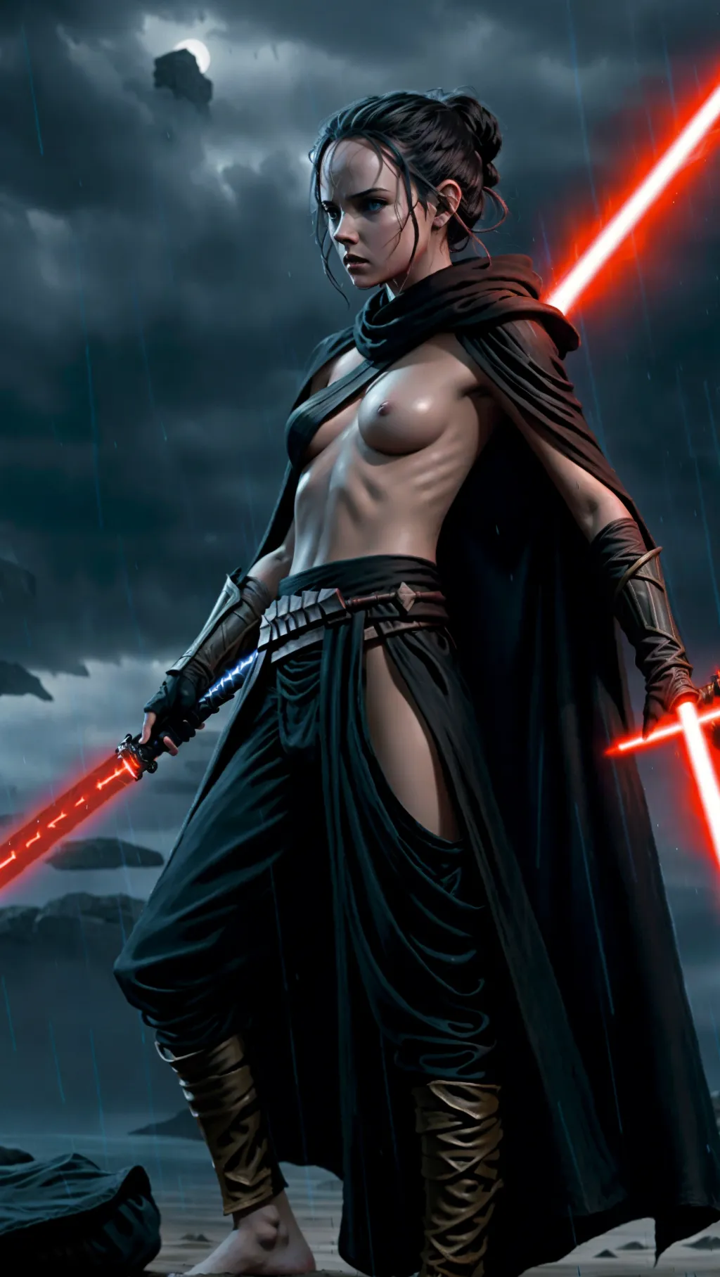tan topless barefoot Sith Rey Skywalker wearing black Sith cloak while using a lightsaber to fight on Kamino, topless, barefoot, (long dark Sith warrior pants: 1.3), (gloves: 1.2), (raining: 1.2),