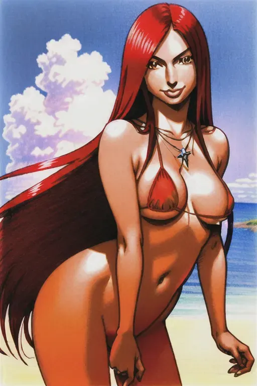 a color pencil draw of,a erza scarlet, wearing willy wonka, standing, in the beach, medium breasts,five fingers per hand,long hair,smile face,beautiful lips, brown eyes,,curved eyelid,satisfaction,wearing necklace,studio lighting,ultra realistic,pixiv,editorial,artstation