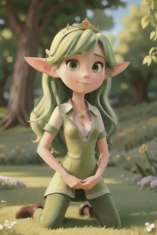 A detailed 8k photo of a skinny girl with long and very pointy elven ears. Her clothes are made of leaves and vines and are revealing breast and vagina. The girl is excited to see the viewer. The girl is laying on face up in a grassy woodland clearly and spreading her legs. The girl is trying to coerce the viewer for sex. Her pubic hair looks like grass. She is wearing a crown of flowers. The girl has grass green hair.