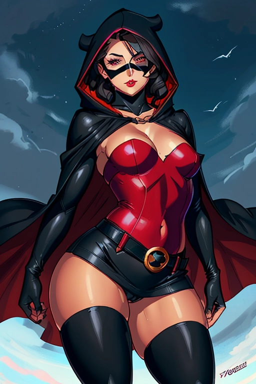 It is a stormy night, we see a beautiful masked superhero flying over us, she is a masked vigilante, she has a hood on over her head, but we can see her medium brunette hair, her upper nose and face is covered by a solid black mask, she has glowing white eyes, we can see her mouth and her full lush red lips, she has a curvy fit figure, she has small breasts, she has a thin waist, her hips are curvy, she has a beautiful thicc ass, she has full thighs, she has small feet, she is wearing a black and pink unitard with a skirt, her thighs are exposed, she is wearing thigh high boots, she has utility pouches and belts on, she has a long cape, her powers are flying and shooting lighting, she is fully sexually aroused, we can see her camel toe, ((high definition)), ((4k quality)), ((excellent lighting)), ((great shading)), ((pristine detail)), ((really clear picture)), ((beautiful vibrant colors)), ((accurate at lower prompt guidence)), ((ultra realistic)), (((five fingers per hand))), (((two arms per person))), (((two legs per person))), (((two hands per person))), (((two feet per person))), ((((100 percent according to prompt))))