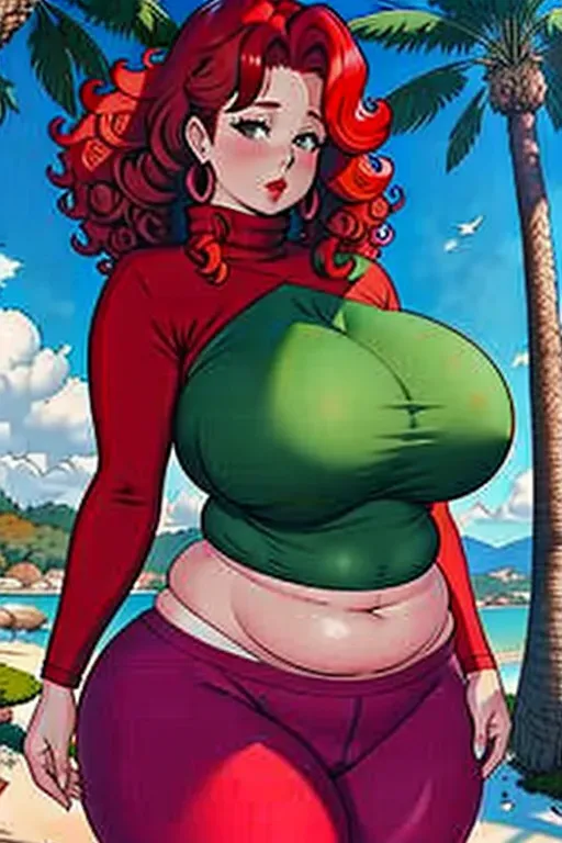 An extremely fat redheaded milf with curly hair wearing a turtleneck sweater and yoga pants, with plump red lips and a belly that sags to her knees, extremely thick thighs, tree-trunk thick thighs, huge sagging breasts, obese, morbidly obese, extremely wide and thick proportions, unrealistically busty, unrealistically thick, cartoonishly wide and fat
