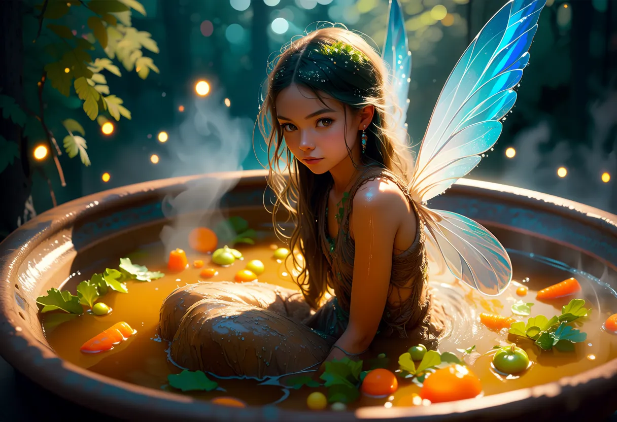 A cinematic, hyper-realistic portrait of a whimsical 18-year-old fairy girl with a youthful, slightly mischievous expression, sitting gracefully inside a large, rustic ceramic soup bowl filled with golden broth and vibrant vegetables like carrots and peas. She has long, flowing hair in a deep forest green hue, adorned with tiny sparkling dewdrops, and translucent iridescent wings that shimmer with blue and silver veins. Her wet transparent outfit consists of textured, earthy brown garments made of organic fibers that resemble tree bark and moss. The lighting is soft and magical, filtering through a dense enchanted woodland background to create a bokeh effect of glowing fireflies and dappled sunlight. The camera angle is a medium shot, capturing her serene posture as she balances perfectly in the warm liquid, with high-detail textures on her skin and the surrounding steam rising in delicate curls. The color palette is dominated by rich forest greens, warm ambers, and earthy browns, rendered in an 8k resolution style with a dreamy, ethereal atmosphere.