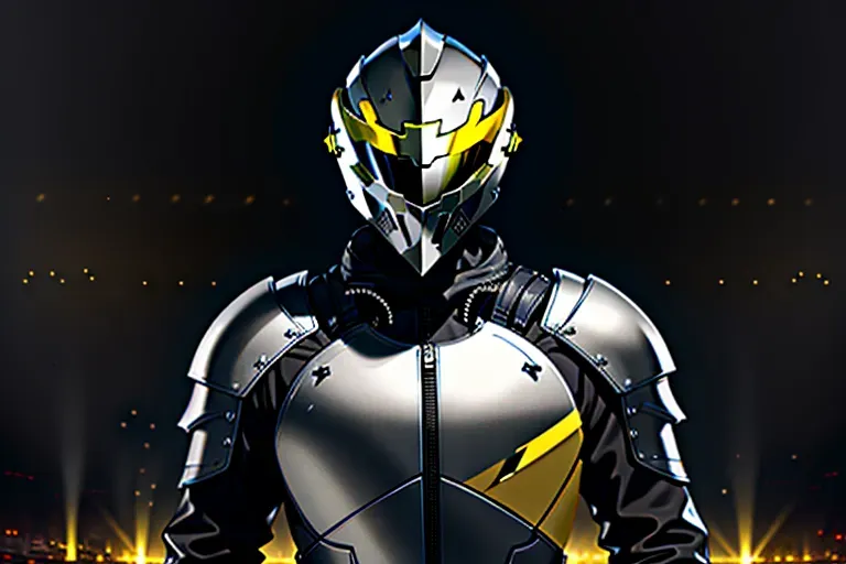 Knight, full face helmet, grey leather jacket, yellow accents, with a sword, male, 8k wallpaper, best quality, ultra hd, global lighting, hi-resolution, high quality, highly detailed, lightning in the background,