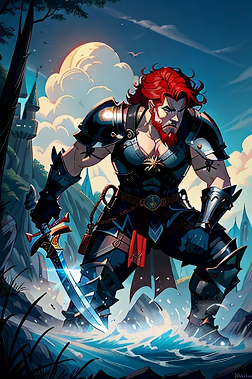 Disney animation, High fantasy, a strong, warrior human, stripping for his princess, wavy red hair, pale skin, angry eyebrows, handsome blue eyes, small nose, strong cheeks, full beard, strong chin, animal skin coat, black leather armor, huge two-handed greatsword, going into battle, battle field, war in the background, castle and dragon in the far background, high definition, 4k quality, excellent lighting, great shading, pristine detail, very clear picture, vibrant colors, accurate at lower promp guidence, ultra realistic, five fingers per hand.