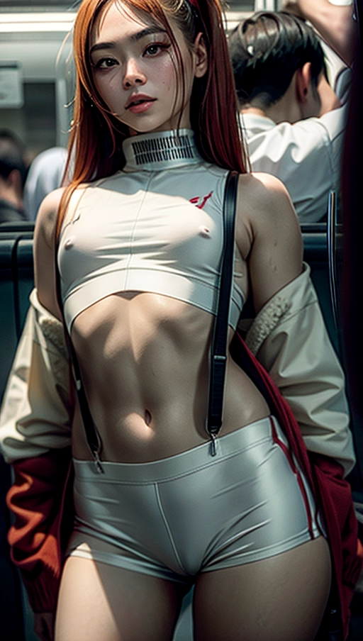 full length photograph of a sexy Japanese girl in scanty clothing standing in a crowded commuter train,
(photorealistic:1.4), (masterpiece:1.4), (best quality:1.4), ultra high res, bokeh, ((detailed facial features)), full length professional photograph of beautiful pensive 20 year old Japanese female, very slim athletic body, ((tiny black shorts with braces:1.1)), (prominent cameltoe:1.1), (((tiny white crop top:1.1))), (prominent ghost nipples:1.3), ginger hair in pigtails, bare stomach, navel, (wet oily shining skin:1.1),
(best quality), ((extremely accurate face)), <lora:dpmg_add_detail:0.7>, (high resolution), dynamic, (((masterpiece))), (uhd), (8k),