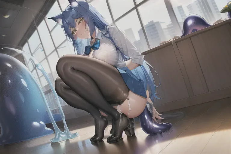 <lora:dpmg_riding_dildo:1>, blue hair, yellow eyes, school uniform, blue skirt, white shirt, no panties, wood floor, indoors, simple background,furry anthro slime girl, transparent purple slime, anthro slime furry concept art, 8k hazel blue eyes, deep purple, hourglass figure, drenched in cum, 8k resolution, 3dshading, full body