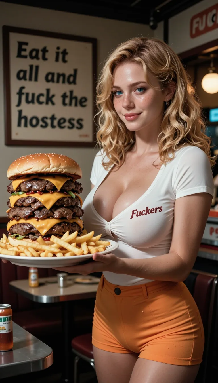 low angle view,
1 hot woman with blue eyes and (freckles:0.7) and (perfect c-cup perky breasts) works as a waitress in a Fuckers restaurant, honey blonde, wavy hair, (smile:1.2), tight white top with the Fuckers logo and (exposed cleavage:1.3), tight micro orange shorts, she holds a large plate containing a gigantic 10-layers burger and tons of french fries, she stands next to the text ("Eat it all and fuck the hostess") framed on a wall, the 10-layers burger is giant and very tall and contains many steaks and cheese,
light skin, realistic skin texture, realistic anatomy, realistic lighting, photorealistic style
