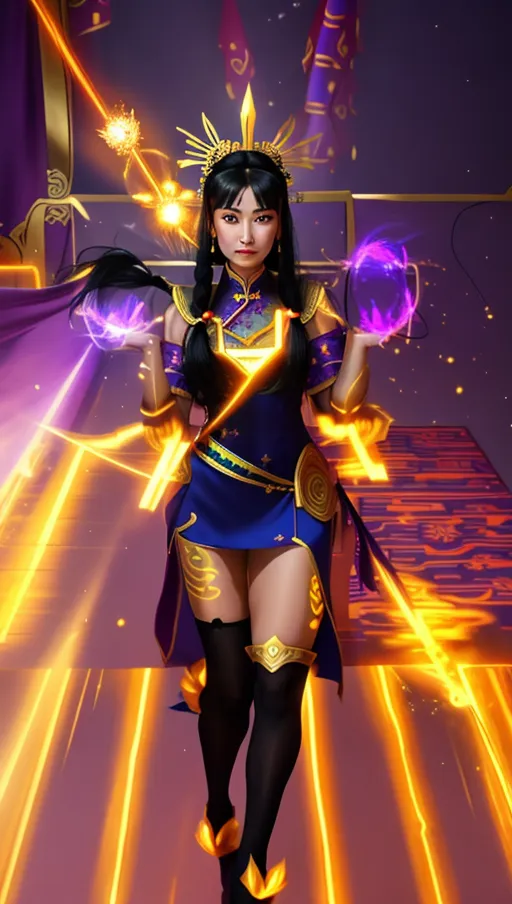 Full body portrait of a purple-clad chinese sorceress with long black hair in a ponytail, casting magical bright shining electricity balls in each hand, thick eyeliner in chinese style, wearing a pointy golden tiara in the style of Lady Libertys tiara, black knee-high tights, spears on her back, atmospheric, ponytail, looking seductively at viewer, symmetrical face, powerful pose, symmetrical mouth, electricity
