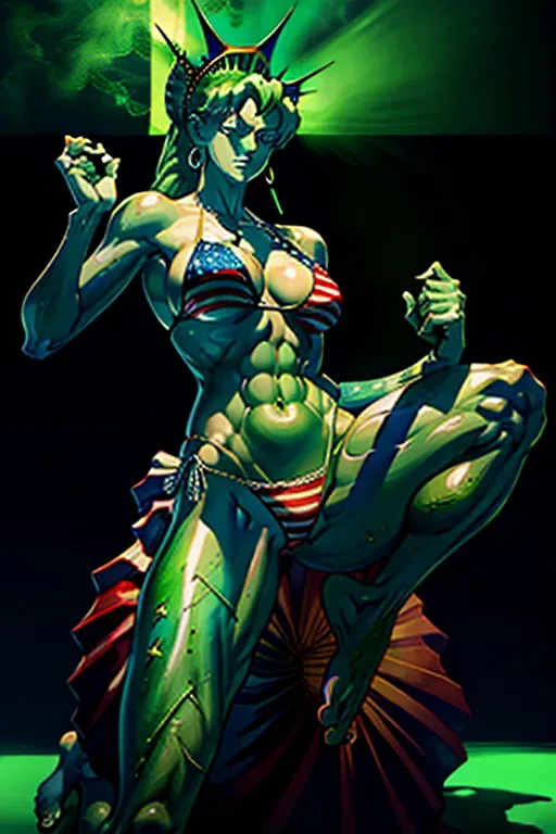 Lady Liberty stepping on a politician, American flag bikini, One Piece anime art style, green skin, erotic,
(((five fingers per hand))),two arms, two legs,erotic,(pixiv),best quality,masterpiece,(professional lighting),realistic abs, good anatomy, foot facing away