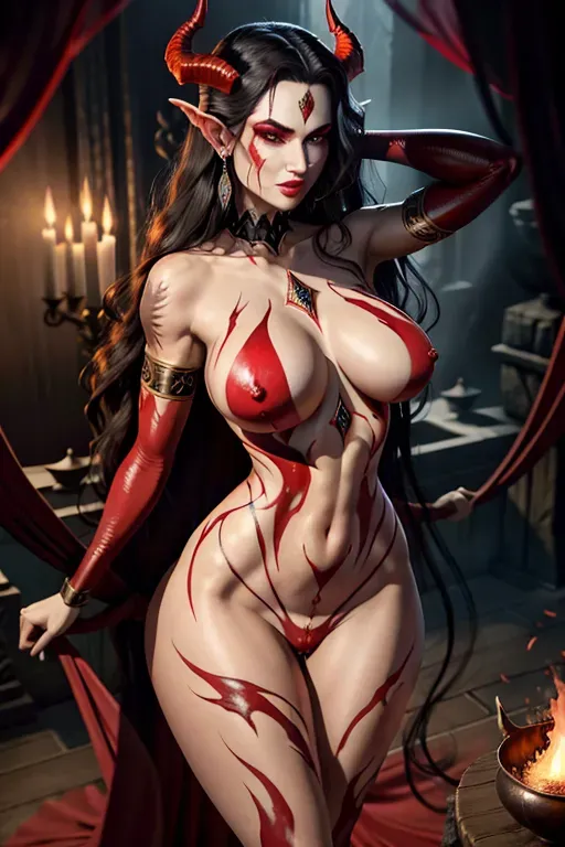 baldurs gate3, Seductive stature, alluring and captivating form, skin in deep, passionate red with a shimmering glow, elegantly curved horns rising from her forehead, striking features and pronounced facial characteristics, eyes of burning intensity reflecting the infernal blaze, long dark hair in a fiery shade, wild and voluminous, an aura of temptation and demonic power, full body, red skin, scars