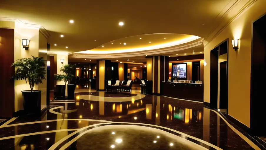 Hotel lobby at night, random people walking around