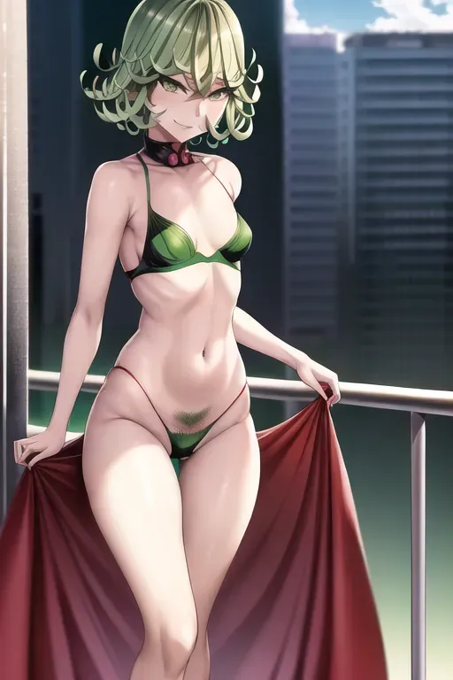 Tatsumaki from one punch man with green eyes, (wearing red bra), no panties, detailed pussy, short green hair, ((small breasts)), exposed legs, thigh gap, solo, one person, seductive smile, ((pubic hair)), standing on a balcony