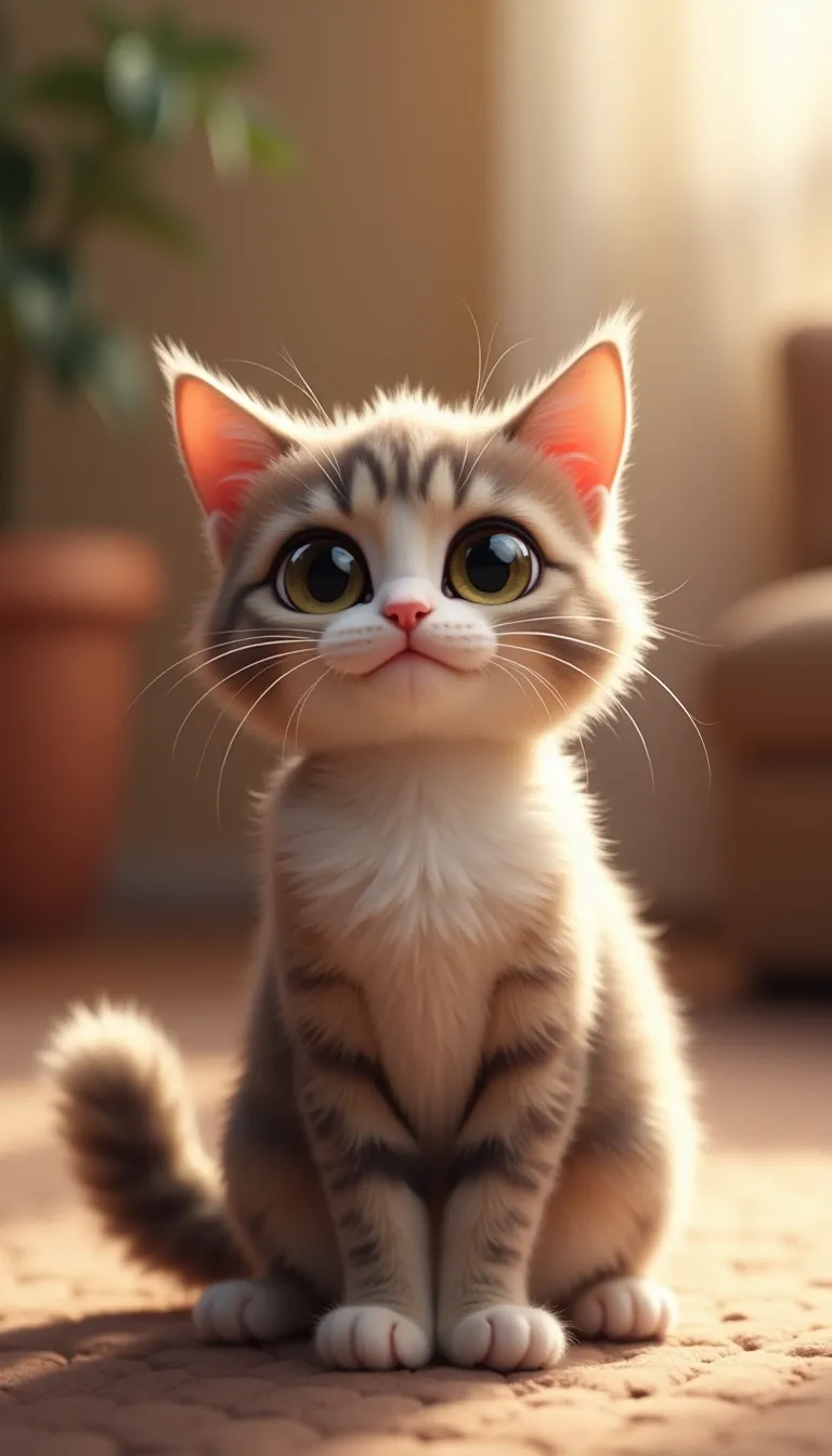 A cute cat sitting gracefully, with big expressive eyes and a fluffy tail curled around its paws. The background is softly blurred, featuring a cozy indoor setting with warm lighting. The cat has a playful expression, with its ears perked up and a slight tilt to its head. The fur is detailed, showing subtle variations in color and texture. The composition follows a 9:16 aspect ratio, perfect for a portrait-oriented image, with the cat centered to draw focus. The style is realistic with a touch of whimsy, enhancing the cat's adorable features.