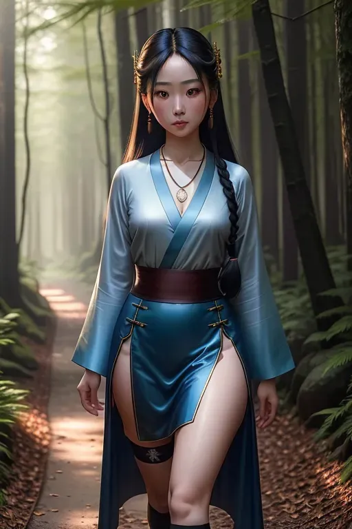 a photograph of,Xiao Jiu,wearing stockings,walking,in the forest,small breasts,five slender fingers,fishtail hair,beautiful face,beautiful lips,blue eyes,curved eyebrows,smooth skin,peaceful,wearing necklace,professional,cinematic lighting,pixiv,artstation,bokeh