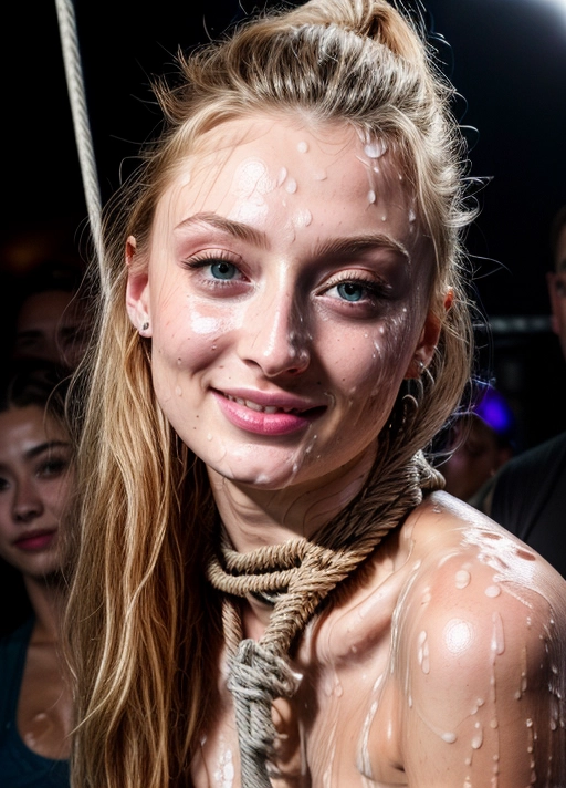 (skinny naked messy Sophie Turner 18 years:1),
(accurate face, photorealistic face,perfect face,detailed face:1.07),
dpmg_face_cum_v1, (covered in cum, cum on face, facial, bukkake,cum on hair:1.38),
(face closeup:1.3),(in the crowded bdsm club:1.18),(smile:1.12),
(tight ropes around neck:1.48),
<lora:dpmg_add_detail:1.15>,
deviantart,
uncensored,
HDR, UHD, 64K,
Highly detailed,
Studio lighting,
Professional,
Trending on artstation,
Unreal engine,
Vivid Colors