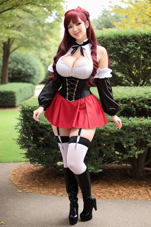 long hair, pale skin, bright red hair, brown eyes, black choker, giant H-cup breasts, wavy hair, maid uniform, smiling, full body photo, 28 years old, miniskirt, cleavage, high heels, red corset, 8k quality, red thigh high boots, in living room