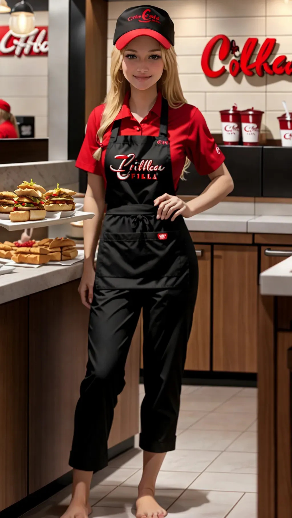 full-body image, ultrarealistic image, hot young short slender barefoot female Chick-fil-a employee with long blond hair wearing a Chick-fil-a employee uniform with a red shirt and long black pants and a black apron and a black cap while working in the kitchen of a Chick-fil-a restaurant full of customers, barefoot, toes,