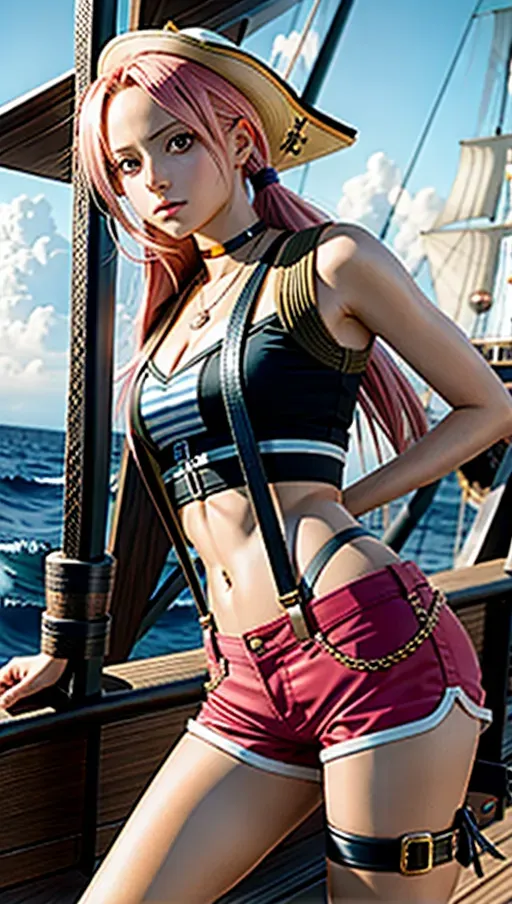 high quality photo of Young jewelry Bonney the pirate from One piece the manga, ((accurate face)), Jewelry Bonney cosplay, tight striped shorts with suspenders, tight white crop tank top, pink hair, slender skinny body, ready to fight, angry expression on face, on a pirate ship, background pirate ship at sea
