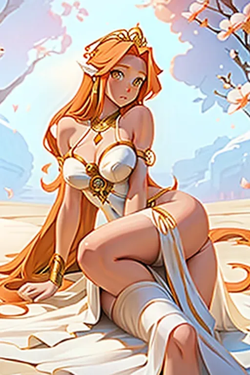 NSFW, Fox goddess, ginger, elegant flowy loose white and gold dress, goddess, sexy, lounging on thrown, beautiful body, perfect tits, thick ass, skinny waist