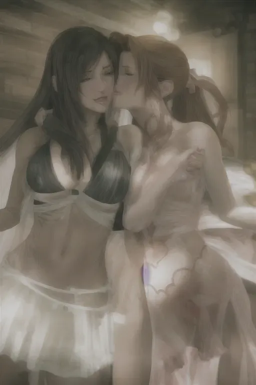 tifa lockhart, aerith gansborough, making out, lesbian kiss, brunette, gorgeous tits, pussy fucked, horny, ahegao, squirt, laying down, bedroom, nude, naked, pretty vagina