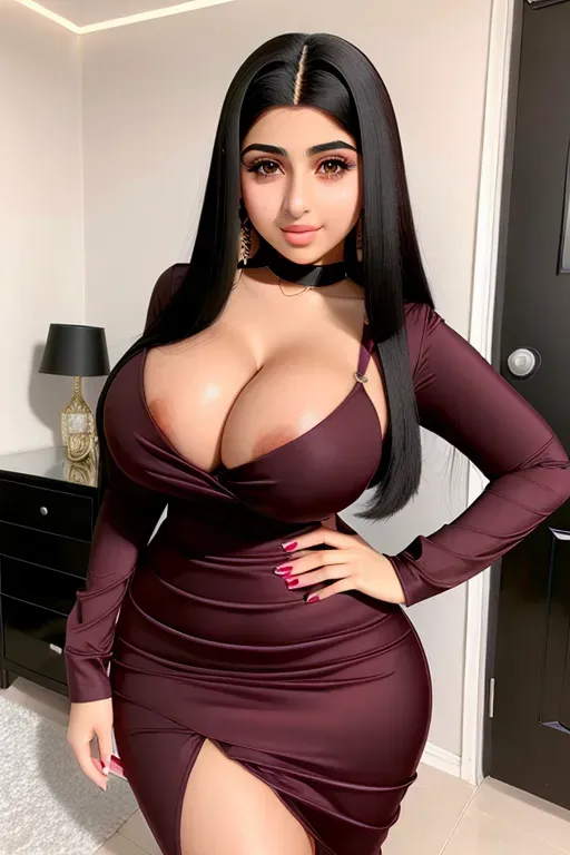 Gorgeous Arab teen bimbo, huge enormous gigantic perky tits, straight black hair, cute young face, full plump beautiful lips, sexy, slim waist, thicc hourglass figure, very tight dark maroon dress, hands on her waist, photorealistic