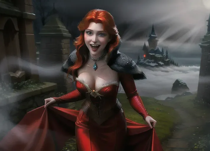 Sexy beautiful vampire adult auburn-haired Queen Anna of Arendelle rising from her mist enshrouded crypt on Halloween. Her red eyes aglow with unholy thirst as she bares her fangs with an alluring smile tainted with hunger. A thirst she seeks to quench as she sinks her fangs into the neck of her sister, Elsa of Arendelle. photorealistic. High resolution.