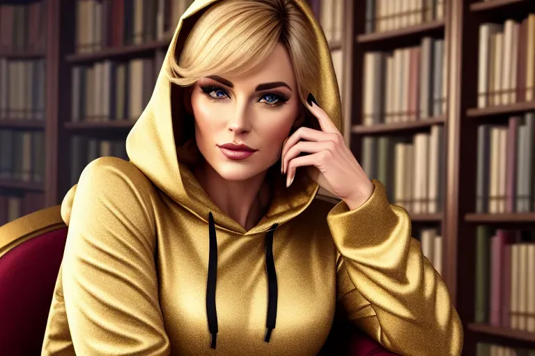 a illustration of caroline ellison, wearing hoodie, sitting in a chair, at the library, five slender fingers, wavy curtain bang, beautiful face, beautiful lips, curved eyebrows, wearing golden ring, studio lighting, ultra realistic, highly detailed, 8k, editorial