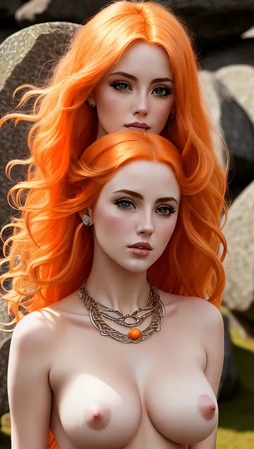 a photograph of,a celtic girl,light orange hair,at the stone circle,naked,amazing breasts,puvic hair,five fingers per hand,silky hair,beautiful face,beautiful lips,curved eyebrows,pale skin,erotic,wearing necklace,surreal,editorial,sharp focus,8k,pixiv