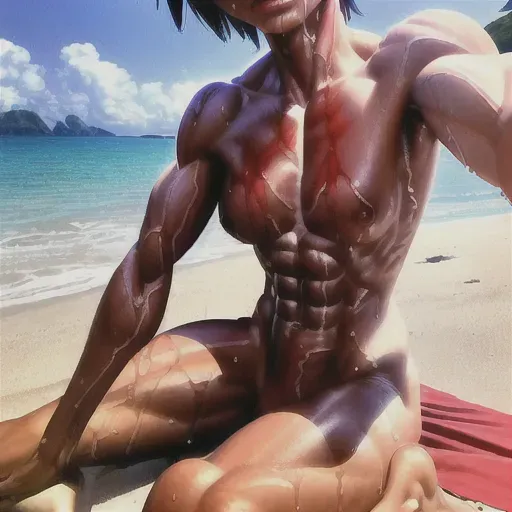 athletic, female, naked, (abs), beach, sun, muscular, (sweating), shaved, sitting, blanket, medium breasts, aroused, aviators, looking at camera, ((oiled skin)), high cheekbones, french, (short hair), (wet hair), (wet skin), (bukkake), (best quality), thick body, closeup, selfie, (pale skin), blood