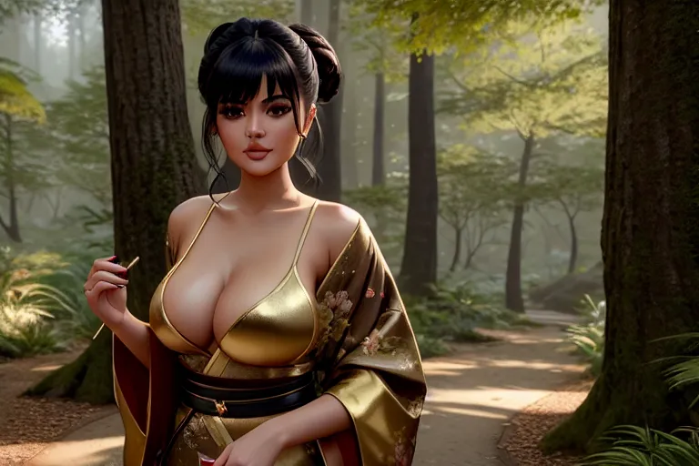 a oil painting of,kylie jenner,wearing kimono,walking,in the forest,amazing breasts,five fingers per hand,bangs hairstyle,charming face,beautiful lips,brown eyes,curved eyebrows,curved eyelid,erotic,wearing golden ring,professional,pixiv,unreal engine,cinematic lighting,cgsociety