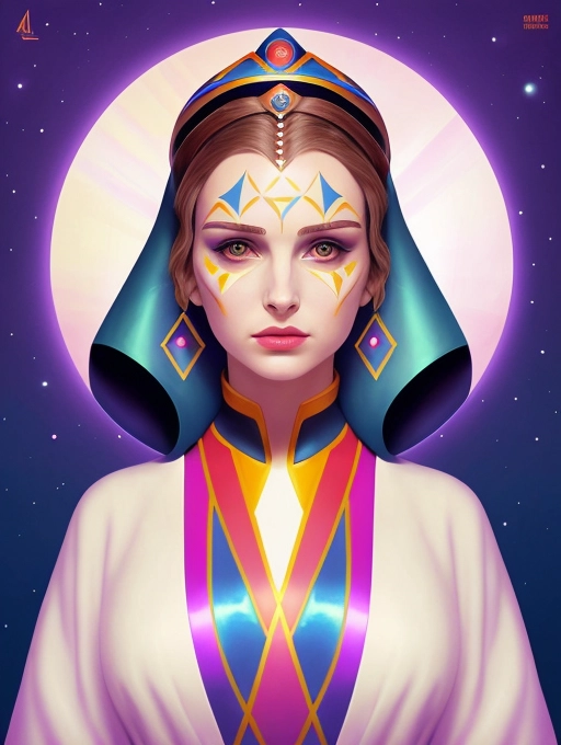 young queen amidala of the planet naboo as portrayed by natalie portman in the phantom menace, seated at her morning vanity applying her heavy face paint, (amidala face makeup kandinsky klimpt), light silky dressing gown of some fancy iridescent alien material, as shown in the movie her face should have heavy face-paint that looks like a painting by vassily kandinsky you know with weird lines and shapes that make no sense abstract stuff but with bilateral symmetry, i have referenced the film the character the plot some reference artists so paint her face please okay