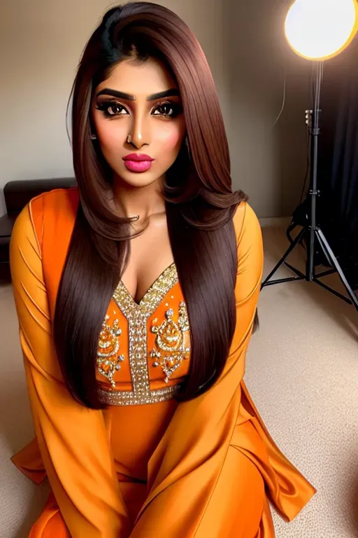 Uk Pakistani Girl, Brown girl, sexy makeup, big lips,silky hair, straight hair, long brown hair, hazel eyes, pouting high quality, instagram selfie, skin detail, orange sunlight, dim lighting,sunset, iphone 14 quality