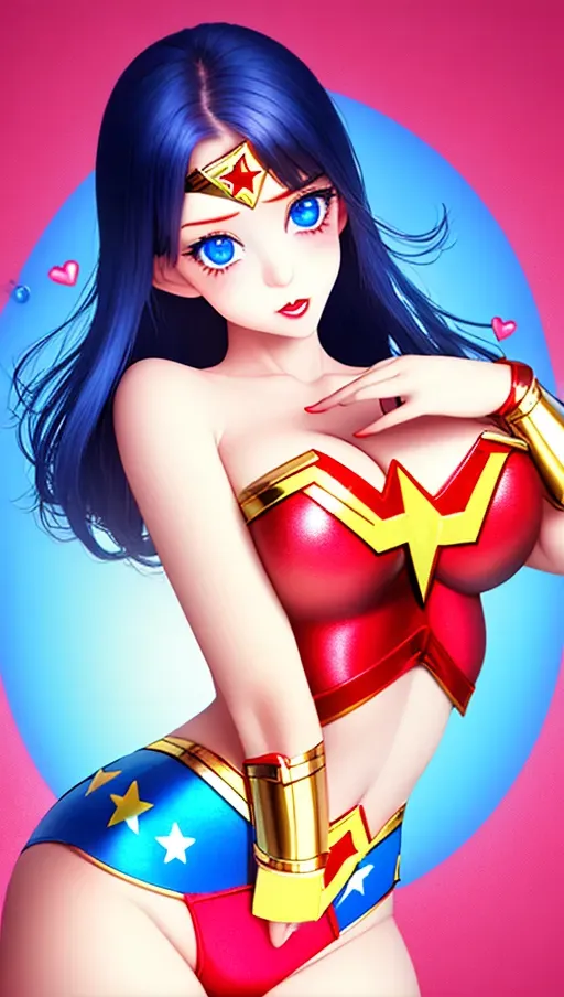 Cute Wonder Woman realistic soft lips, big round blue eyes, tight red and gold costume, blue panties with white stars, W on chest, large breasts, silky black hair, soft shoulders, bare arms, cartoon hearts floating in pink background, detailed hands, detailed fingers