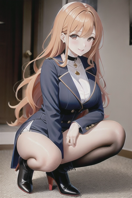 8k quality, brown eyes, pale white skin, orange hair, giant breasts, cleavage, looking at viewer, pov, long hair, wavy hair, full body photo, standing in room, smiling, blue minidress, high heels, knee high boots, choker