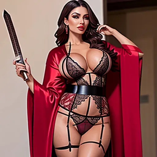 Warrior woman. Holding katana. Wearing lace see through panties. Showing breasts. Wearing flowing red robe.
