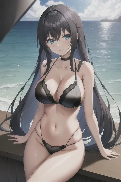 wide shot, 20 year old, an anime girl, slim, lingerie, black, ocean, day time, studio light, happy, 8k, professional