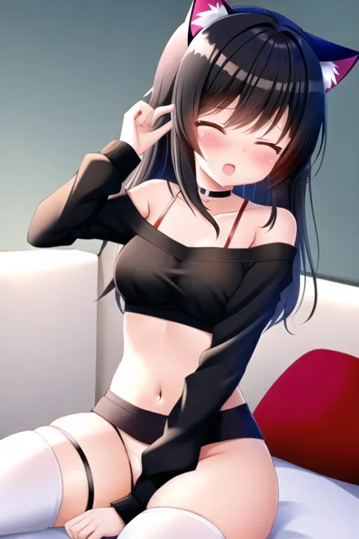 girl, sitting on bed, right arm grabbing right tit, left arm in pussy, fingering, moan, moaning, moaning in pleasure, eyes closed, blushing, cat ears, thigh high socks, thick thighs, black hair, black crop top