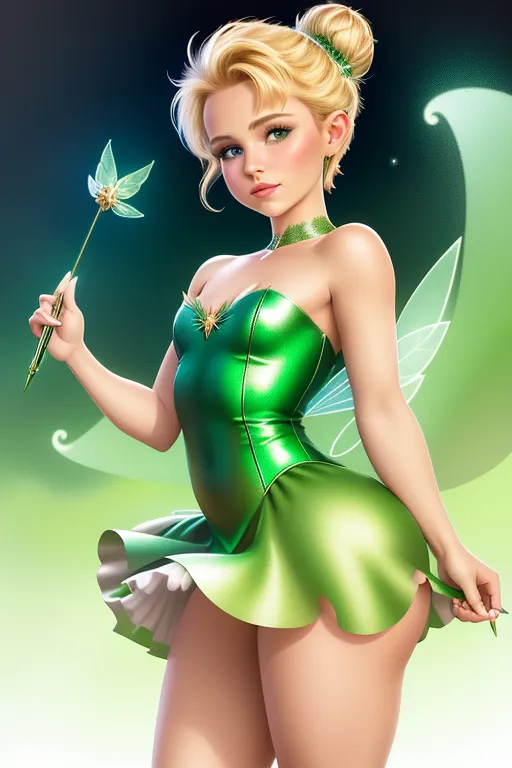 Tinker Bell as seen in the Peter Pan Disney movies, showing her cute body, short blonde hair in a bun, thicc figure, thicc ass, full, thighs, looking very provocative, showing her aroused clit, aroused pussy, throbbing anus, flying, fairy, large fairy Tinker Bell wings attached to her back between the shoulder blades, accurate tinker bell mini dress, jagged hemline, neverland background, accurate outfit to the disney films, high definition, 4k quality, excellent lighting, great shading, pristine detail, very clear picture, beautiful vibrant colors, accurate at lower prompt guidence, ultra realistic, five fingers per hand.