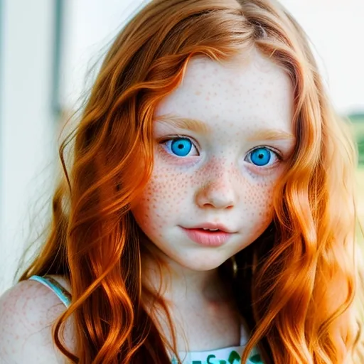 A cute stunning ginger Irish teenager with long wavy hair and freckles, tanned, large eyes
