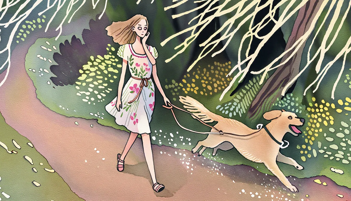 Ultra detailed watercolour painting, masterful detail, colouring, very artistic approach, ultra realistic face, delicate features, clearest outlines, precise strokes, picture book,
PICTURE QUALITY:
"Super high-resolution realistic fantasy art, professional shading, translucent textures, advanced light physics with sharp caustics and volumetric optics, vibrant hue shift, incredibly detailed 8k render."
CHARACTER DESCRIPTION:
"A slender fit young girl Ingrid Bergman with a cute face, medium breasts, thin waist, and smooth skin.
She wears a light summer dress adorned with delicate floral prints and matching sandals. Her expression is one of serene bliss, eyes radiating peaceful contentment."
DOG DESCRIPTION:
"A large golden Labrador retriever with glossy fur, its body arched in a joyful sprint, tongue lolling out to the side, tail wagging with high energy."
ACTION AND POSE:
"The girl walks on a dirt road with a graceful, steady gait, her fingers loosely gripping a leather leash. The dog runs ahead and beside her in an excited trot, paws hitting the ground with purpose. Her body language is fluid and effortless, capturing a moment of harmonious connection between human and nature, her eyes are opened, radiating internal peace and content."
BACKGROUND:
"An early summer morning deep in a forest park filled with lush greenery,. Sharp streaks of sunlight pierce through uneven patterns of leaves and branches, creating a dappled mosaic on the mossy floor. The atmosphere is airy and fresh."
COMPOSITION AND MOOD:
"A wide cinematic side-angle shot following their movement, low angle, making the characters tower over the viewer. The mood is poetic and tranquil, capturing the golden warmth of a morning stroll. Natural textures replace AI slop; every leaf and blade of grass is distinct with five fingers on each hand and perfectly separated human anatomy."