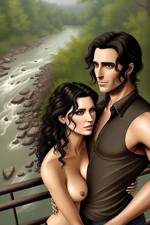 a digital painting of a woman with brown wavy, frizzy hair and man with short black hair who are the same height having sex against a rail in the woods with most of their clothes still on and a river in the background
