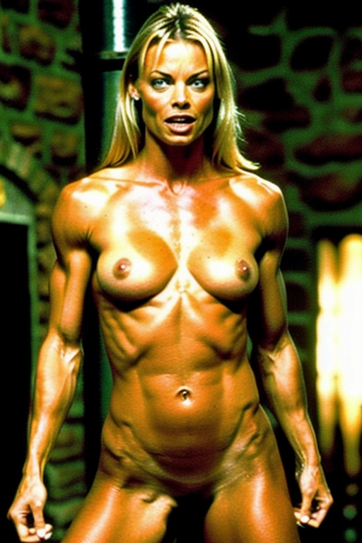 A very fit 18 year old naked Jaime Pressly in a dungeon room showing her vagina, look of pain in her face, very low body fat, pushing her abs out