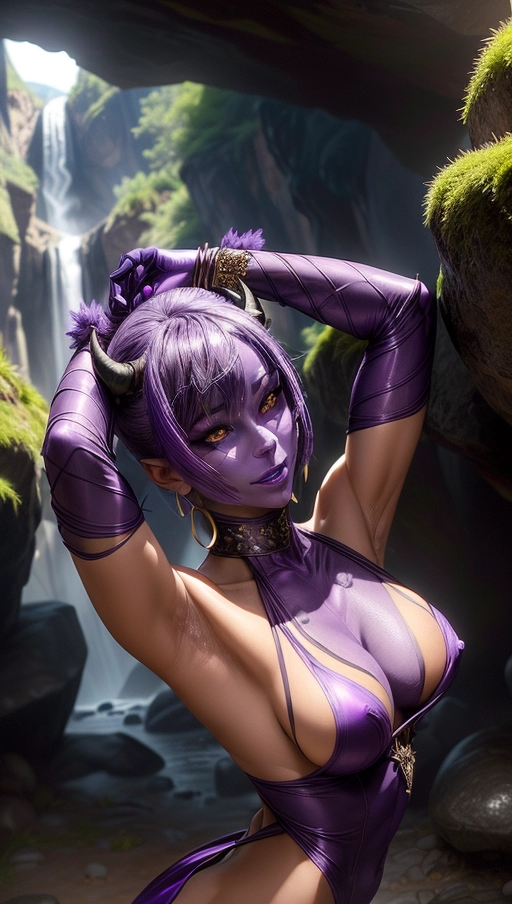 (outstanding portrait of a daemon succubus with purple skin:1.2), (the succubus is a stunningly sexy and beautiful daemonic woman with purple eyes watching the viewer), athletic body with toned abs seen through a transparent skimpy silk dress, slender waist with smooth skin and deep cleavage, detailed erect nipples seen through dress, (dramatic pose with arched back and exposed armpit:1.2), (slim body with medium sized firm breasts:1.4), luxurious and revealing silk dress, short bobcut platina blonde hair, golden earrings and bracelets with precious gems, (naughty but sexy smile:1.1), (black eyeliner:1.1), (smokey eyeshadow:1.0),
(front viewportrait with focus on face and breasts:1.6), background setting is outdoor in a mountain area with steep cliffs and waterfall, (purple skin:1.6),
(masterpiece:1.1), (photorealism:1.1), <lora:dpmg_add_detail:1.4>, (NSFW:1.2),
cinematic lightning, artificial lighning, great shadows, best quality, highest quality, highest resolution, 8k, Perfect composition, masterpiece, sharp focus, perfect anatomy, five detailed fingers on each hand, two arms, no ribs visible, no extra nipples