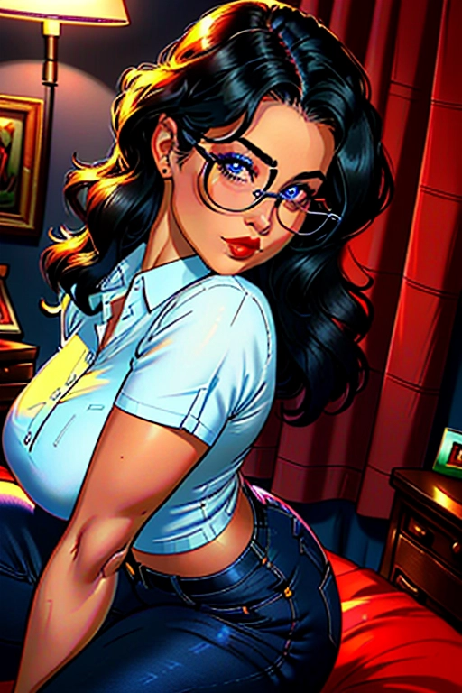 1970s, Beautiful, sexy, 70s FBI detective, Latina, long black hair, 70s hair style, pink head band, round glasses, dark eybrows, blue eyes, concave nose, high cheekbone, soft cheeks, full lush red lips, cute narrow chin, soft and curvy build, small perky breasts, thin waist, thicc ass, full thighs, smooth legs, cute feet, blue scruffled unbuttoned casual shirt, tight pleated navy blue slacks, thicc hips, laying down on the bed, inviting me to impregnate her, in the bedroom, dim lighting in the room, FBI badge on the nightstand, ((high definition)), ((4k quality)), ((excellent lighting)), ((great shading)), ((pristine detail)), ((really clear picture)), ((beautiful vibrant colors)), ((accurate at lower prompt guidence)), ((ultra realistic)), (((five fingers per hand))), (((two arms per person))), (((two legs per person))), (((two hands per person))), (((two feet per person))), ((((100 percent according to prompt))))
