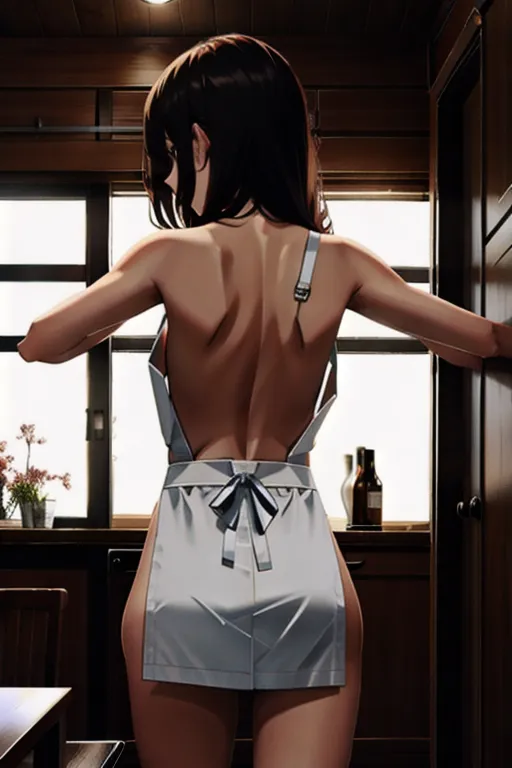 naked young woman wearing nothing but apron, from behind