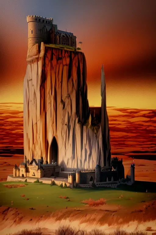 intricate highly detailed castle on top of a plateau with a town at the foot of the plateau with great plains landscape and a giant wall on the horizon